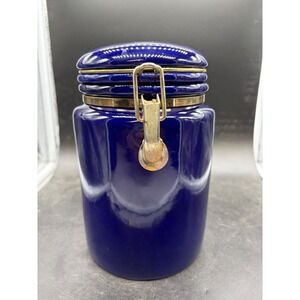 SAC Cobalt Blue Ceramic Canister Gold Tone Bale Flip Top Lid Airtight Jar